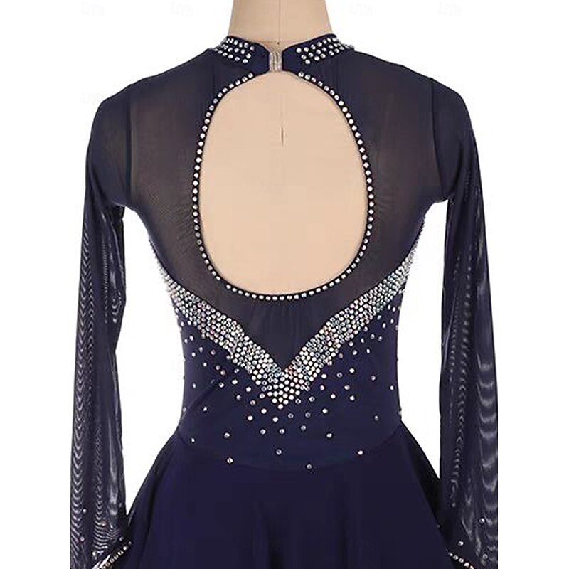 Figure Skating Dress Women's Girls' Ice Skating Dress Dark Navy Patchwork Thumbhole Mesh Spandex Stretchy Training Practice Professional Skating Wear Thermal Warm Crystal / Rhinestone Long Sleeve Ice4