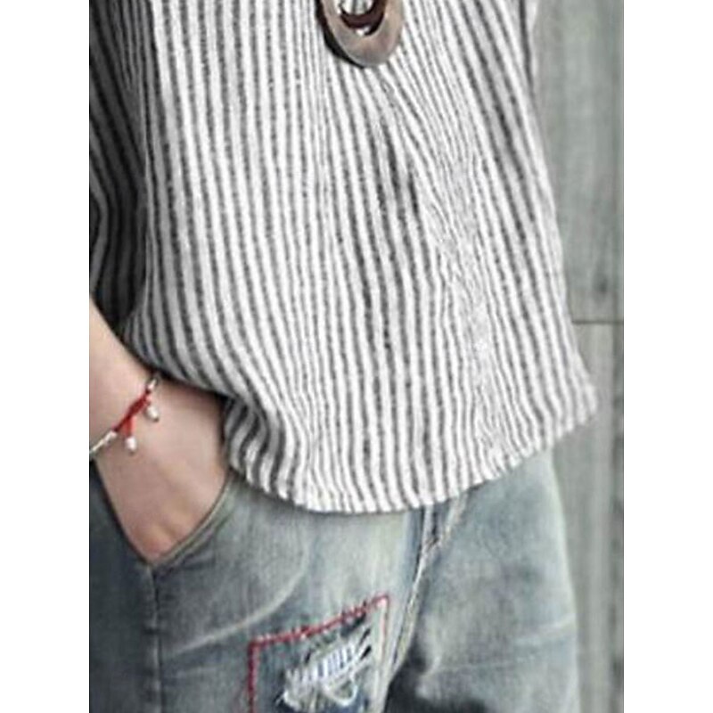 Women's Cotton Linen Blouse Graphic Elegant Vintage Stylish Short Sleeve V Neck Regular Tops Daily Holiday Buttons Blue Gray Summer Spring2