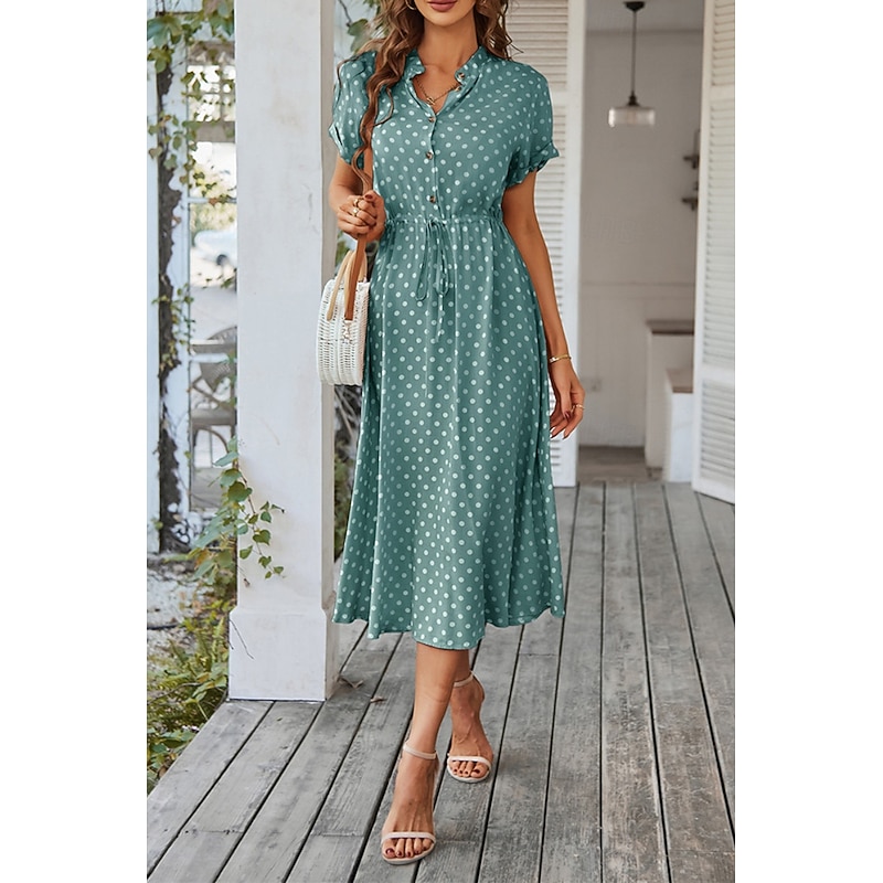 Women's Midi Dress Casual Dress Summer Dress Fashion Vacation Holiday Date Regular Fit Polka Dot Short Sleeve V Neck Black Pink Wine Dark Green Summer3