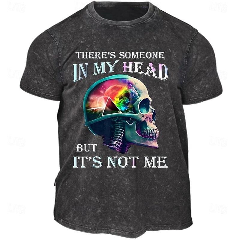 Men's Washed Black Graphic T-Shirt: 'Someone In My Head But It's Not Me' Humorous Skull Design Short Sleeve
