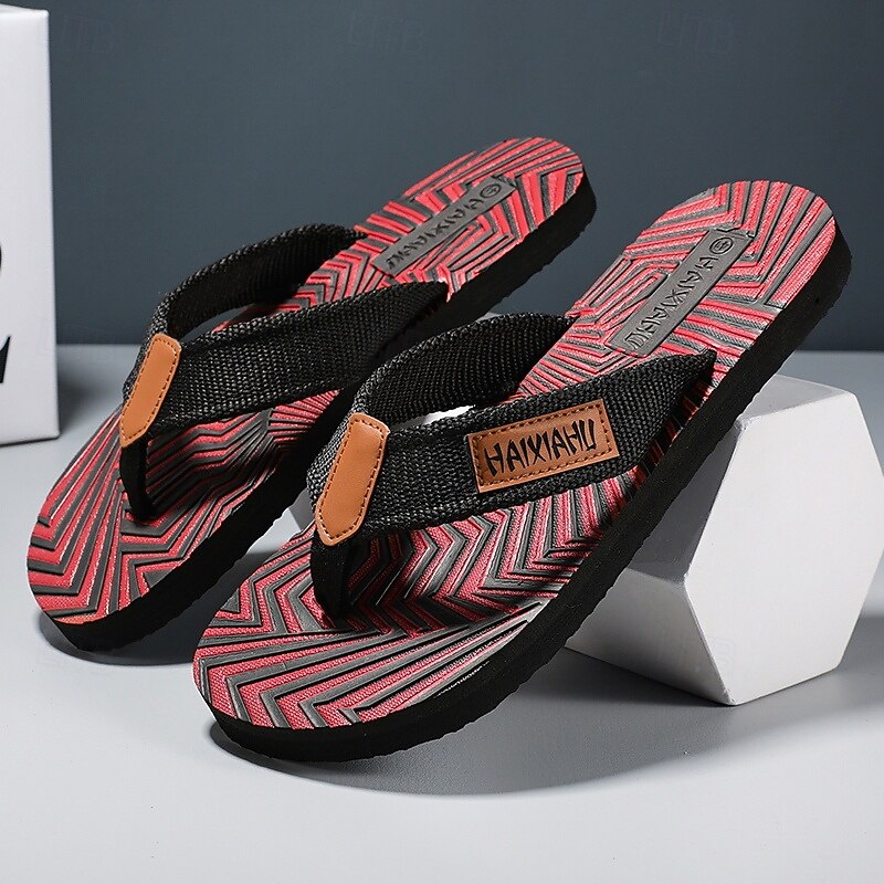 Men's Fashion Flip-Flops - Red and Black Geometric Pattern with Leather Accents - Casual Beachwear2