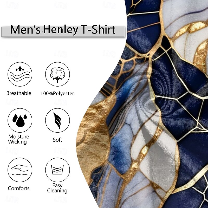Men's Marble pattern T Shirt Henley Shirt Short Sleeve Designer Retro Vintage Street Casual Daily Summer Spring Dark Brown Navy Blue Coffee Henley Henley T-Shirt3