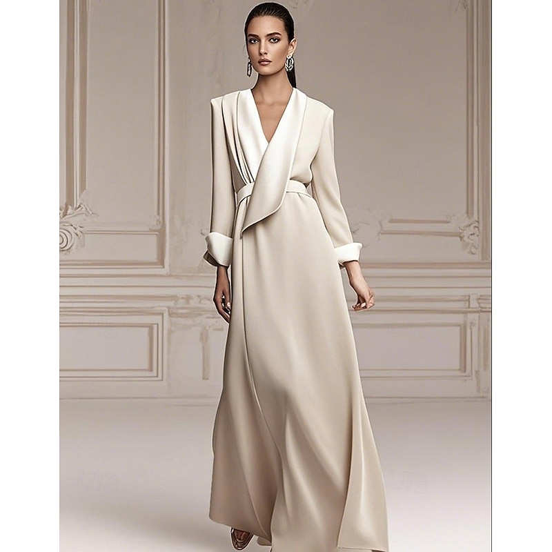 Tuxedo Dress A-Line Formal Satin Elegant Minimalist Long Sleeve Ankle Length Shawl Lapel