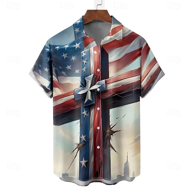 Easter Men's Templar Cross American US Flag Shirt Casual Shirt Button Up Shirt Short Sleeve Vintage Retro Vacation Holiday Festival Summer Spring Turndown 3D Print Collared Shirts Front One Pocket