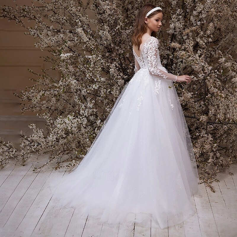 Flower Girl Dress Girls' Formal Dress Princess Dress First Communion Dress Wedding Attire Wedding Party Princess Sweet Easter Ruched Solid Color Long Sleeve V Neck White 4 years+2