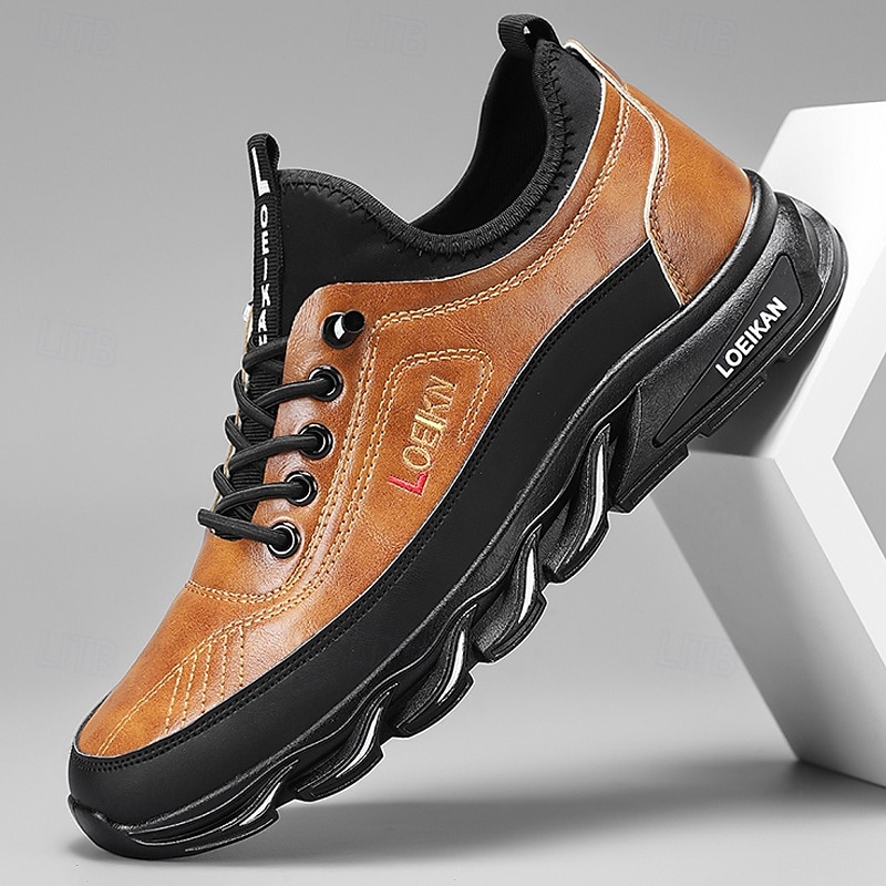 Men's Rugged Outdoor Shoes in Tan & Black, Durable Faux Leather Construction with Zigzag Sole for Enhanced Grip