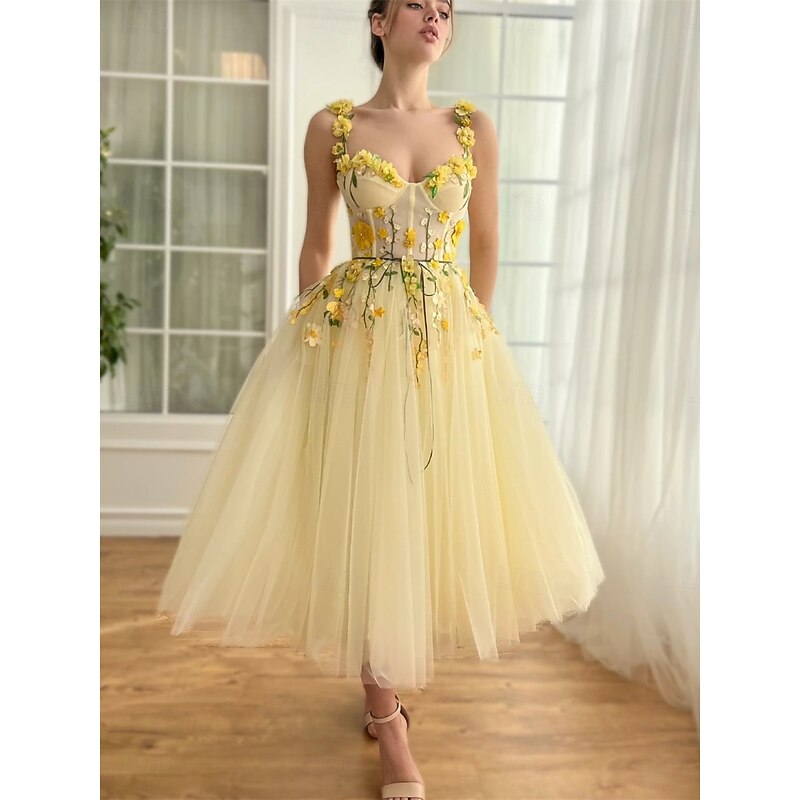 A-Line Quinceanera Dresses ButterDress Wedding Wedding Guest Tea Length Sleeveless Square Neck with Floral Lace Applique Tulle