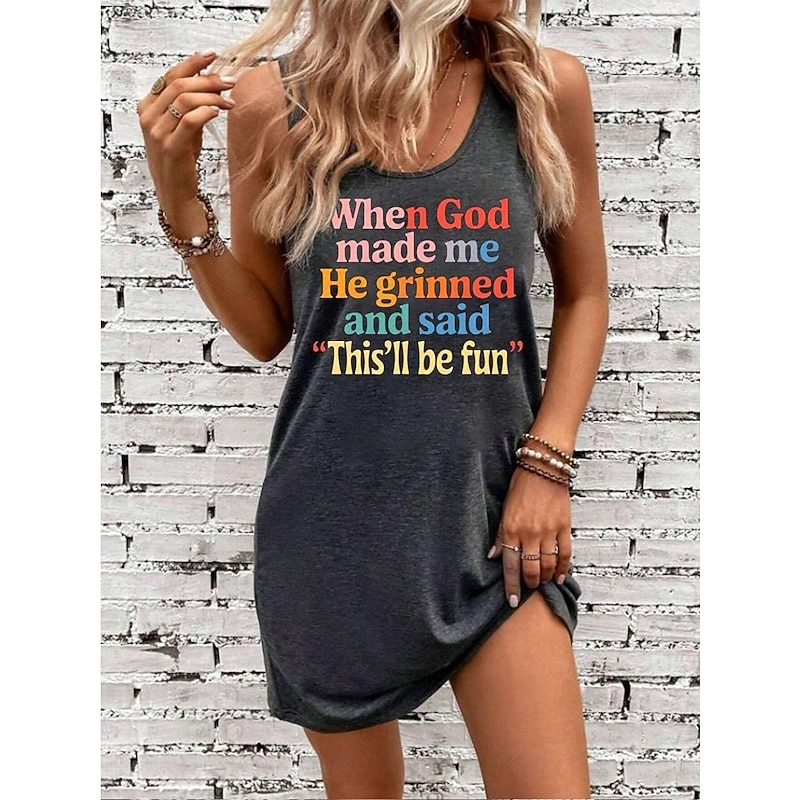 Women's GOD Mini Dress Summer Dress Casual Beach Daily Loose Fit Graphic Letter Sleeveless U Neck Black Gray Summer3