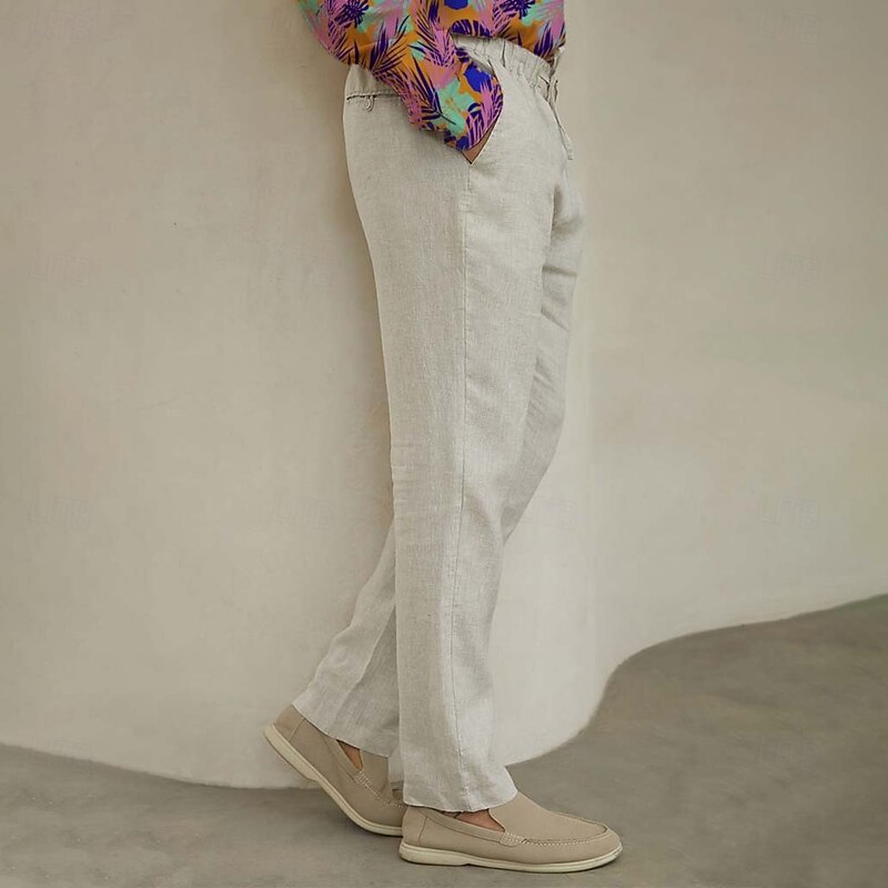 Men's 100% Linen Pants Trousers Drawstring Elastic Waist Straight Leg Plain Comfort Breathable Casual Daily Holiday Fashion Classic Style Beige2