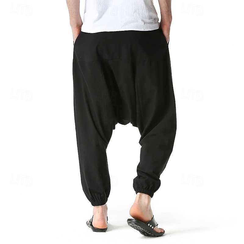 Men's Linen Pants Trousers Summer Pants Baggy Harem Pants Pocket Drawstring Elastic Waist Plain Comfort Breathable Full Length Outdoor Yoga Gym Fashion Retro Vintage Black Navy Blue4