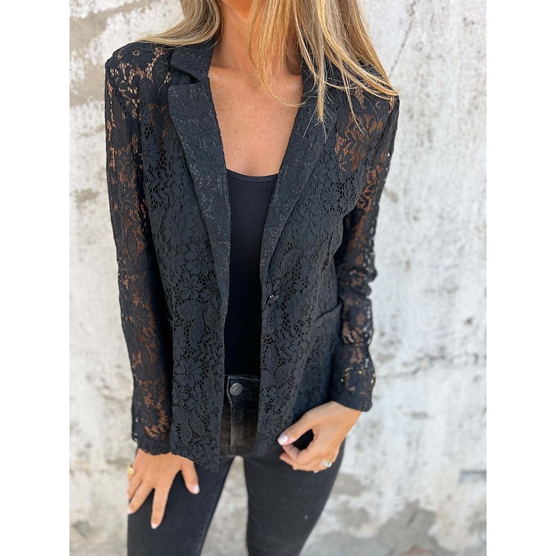 Women's Blazer Going out Lace Solid Color Breathable Classic Style Regular Fit Outerwear Long Sleeve Summer Black S2
