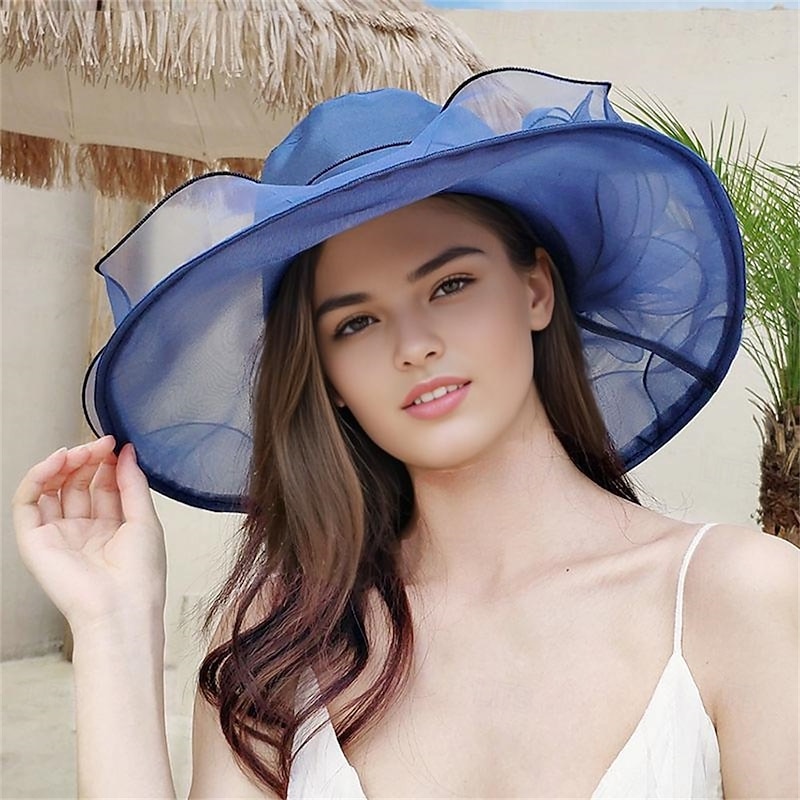 Hats Organza Sun Hat Wedding Holiday Tea Party Horse Race Cocktail Elegant Vintage Sun Protection With Floral Headpiece Headwear2