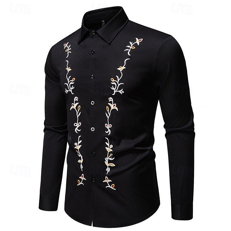 Men's Shirt Summer Shirt Casual Shirt Beach Shirt Button Up Shirt Black White Long Sleeve Floral Lapel Vacation Hawaiian Embroidered Clothing Apparel Polyester Fashion Casual Comfortable2