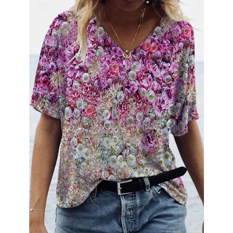 Women's T Shirt Floral Fashion Modern Long Sleeve V Neck Regular Tops Daily Print Royal Blue Blue Dusty Blue Purple Fuchsia Summer4