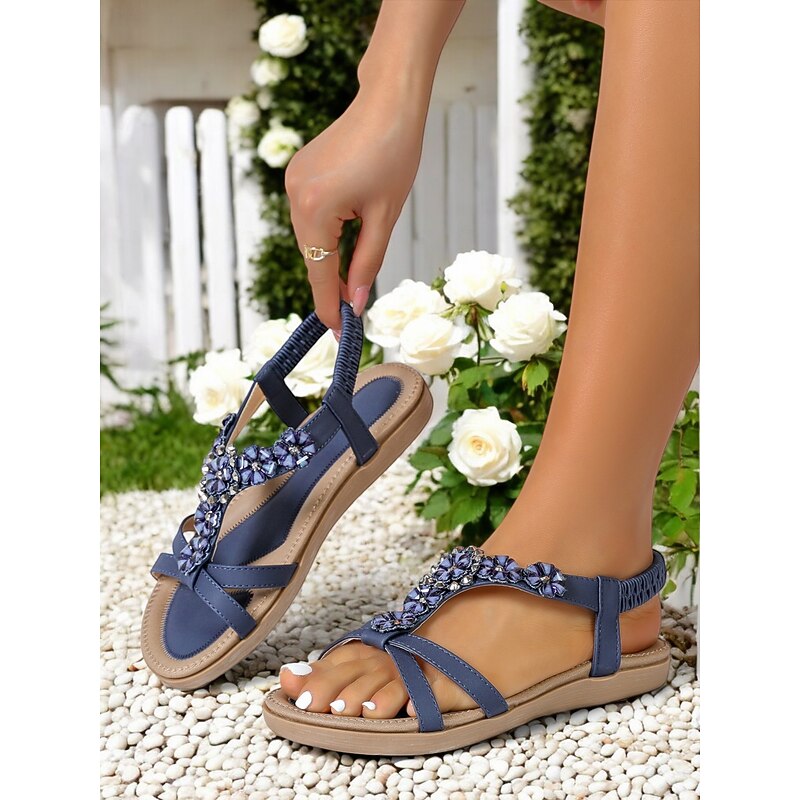 Women's Floral Embellished Navy Sandals - Stylish Flat Summer Shoes with Comfy Insole, Great for Daily Wear or Garden Parties2
