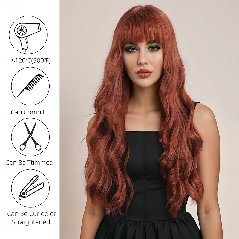Women's A1 Synthetic Hair Wavy Curly Wig 28 inch Layered Haircut with Bangs Ombre Brown Machine Made Classic Comfortable3