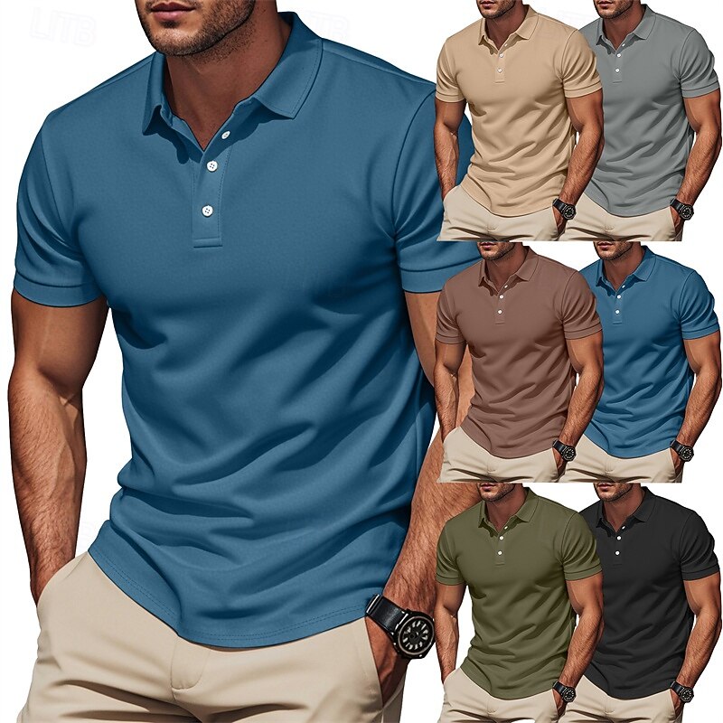 Men's Golf Shirt Golf Polos Shirts Work Casual Lapel Short Sleeve Basic Modern Plain Buttons Summer Regular Fit Black Blue Brown Khaki Army Green Gray Golf Shirt
