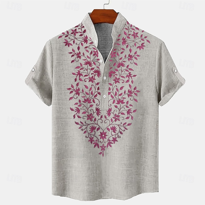 Men's Ethnic Linen Shirt Summer Shirt Short Sleeve Casual Tribal Vacation Daily Summer Spring Mandarin Collar Print Blue Khaki Gray