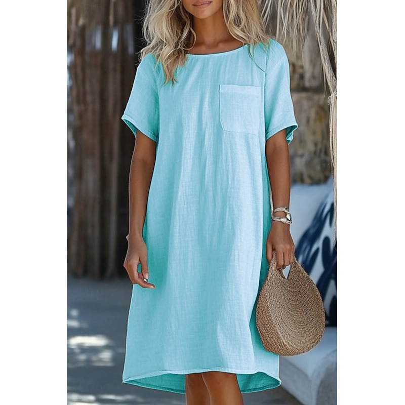 Women's Mini Dress Cotton Linen Dresses Cotton Linen Dress Fashion Classic Modern Daily Going out Weekend Regular Fit Plain Short Sleeve Crew Neck White Pink Light Blue Summer4