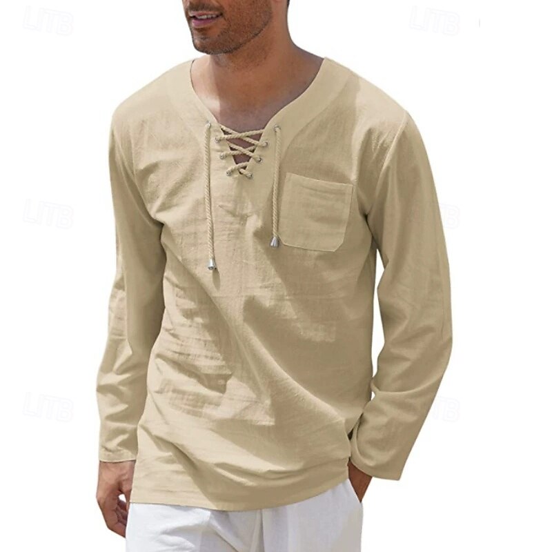 Men's Shirt Popover Shirt Summer Shirt Beach Shirt Plain Vacation Casual White Khaki Long Sleeve Band Collar Spring & Summer Clothing Apparel4