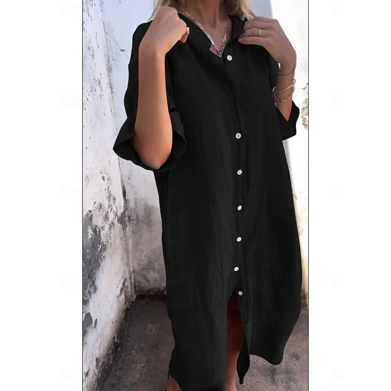 Women's Cotton Midi Dress Athletic Dress Casual Cocktail Office Date Regular Fit Plain Half Sleeve Shirt Collar Black Red Blue Orange Summer4
