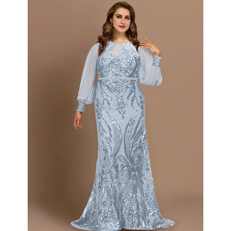 Mermaid Plus Size Curve Mother of the Bride Dresses Elegant Dress Formal Wedding Guest Sweep / Brush Train Long Sleeve Jewel Neck Chiffon with Sequin free custom size4