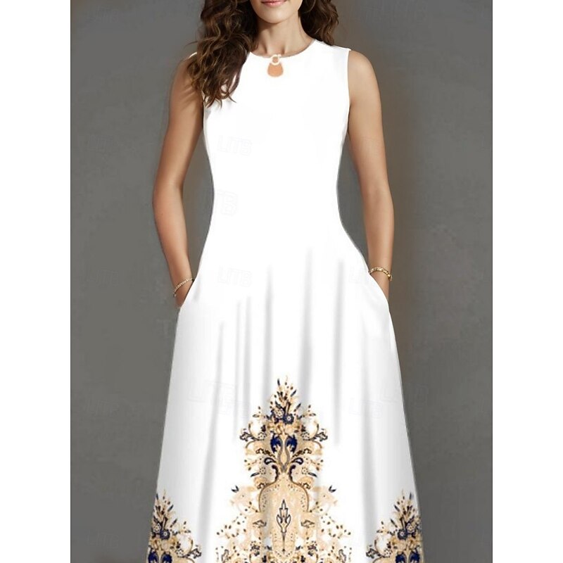 Women's Maxi Dress Casual Dress A Line Dress Stylish Casual Vacation Daily Regular Fit Floral Sleeveless Crew Neck Black White Yellow Light Green Summer