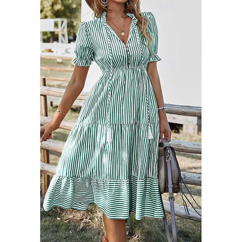 Women's Midi Dress Casual Dress Summer Dress Fashion Classic Outdoor Holiday Date Regular Fit Striped Short Sleeve V Neck Pink Blue Dark Green Khaki Summer