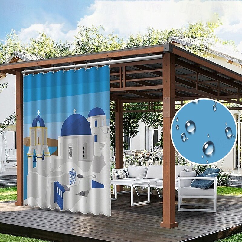 Waterproof Outdoor Curtain Privacy, Sliding Patio Curtain Drapes, Pergola Curtains Grommet 3D Landscape Satorini For Gazebo, Balcony, Porch, Party, 1 Panel