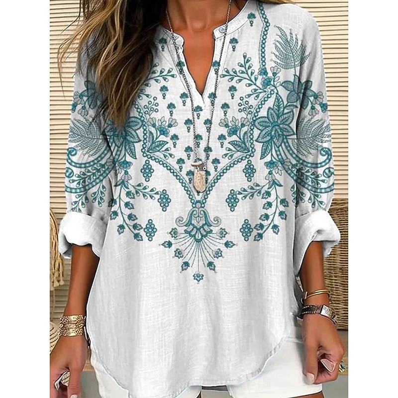 Women's Blouse Tunic V Neck Long Sleeve Boho Casual Tops Floral Graphic Vintage Regular Tops Daily Print White Red Royal Blue Purple Green
