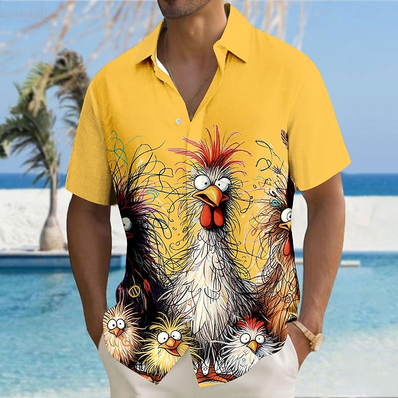 Men's Animal Chick Funny Shirt Button Up Shirt Short Sleeve Fashion Casual Vacation Holiday Streetwear Summer Turndown 3D Print Collared Shirts Front One Pocket Black White Yellow Blue Purple2