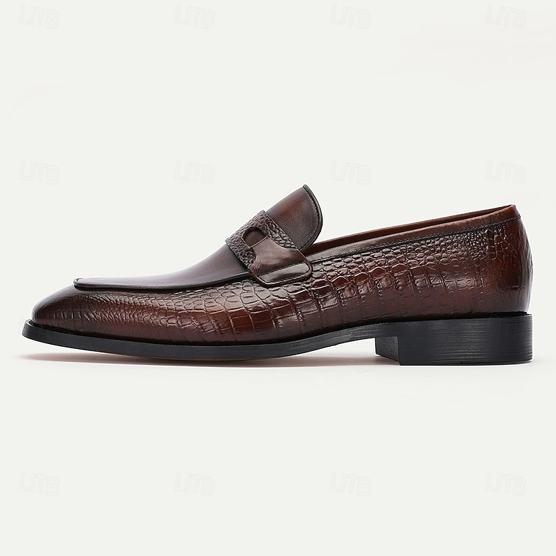 Men's Brown Genuine Leather Penny Loafers – Classic Crocodile Pattern Slip-On Dress Shoes for Kentucky Derby & Business Wear3