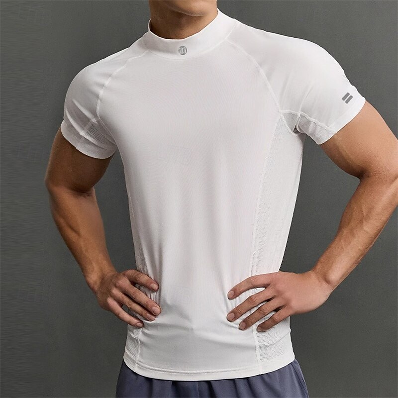 Men's Gym Shirt Compression Shirt Fitness Shirt Crew Neck Short Sleeves Casual Daily Gym Quick dry High Stretch Sweat wicking Patchwork Plain Black White non-printing Activewear Polyester