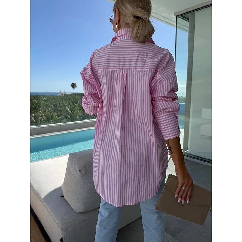 Blouse Women's Pink Blue Khaki Striped Printing Front Pocket Daily Elegant V Neck Regular Fit S2