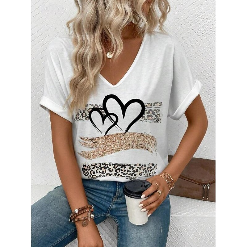 Women's T Shirt Ombre Heart Leopard Casual Short Sleeve V Neck Regular Tops Daily Going out Beach Wear Print White Summer4