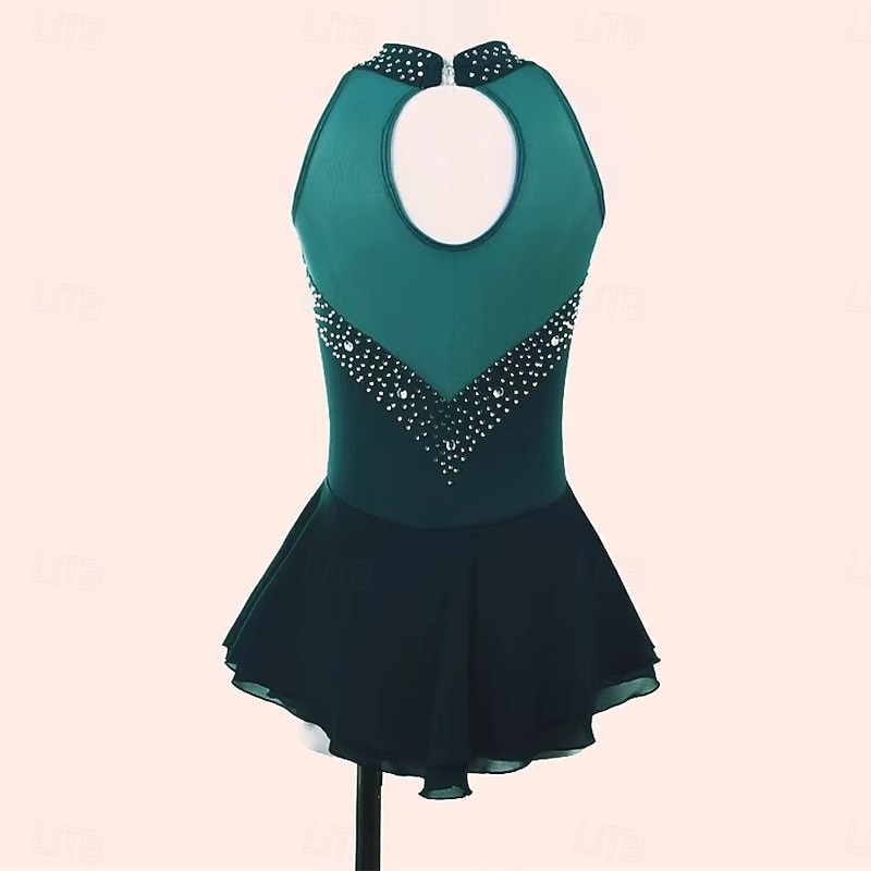Figure Skating Dress Women's Girls' Ice Skating Dress Black Dark Green Dark Blue Patchwork Open Back Mesh Spandex Stretchy Training Practice Professional Skating Wear Thermal Warm Classic Crystal4