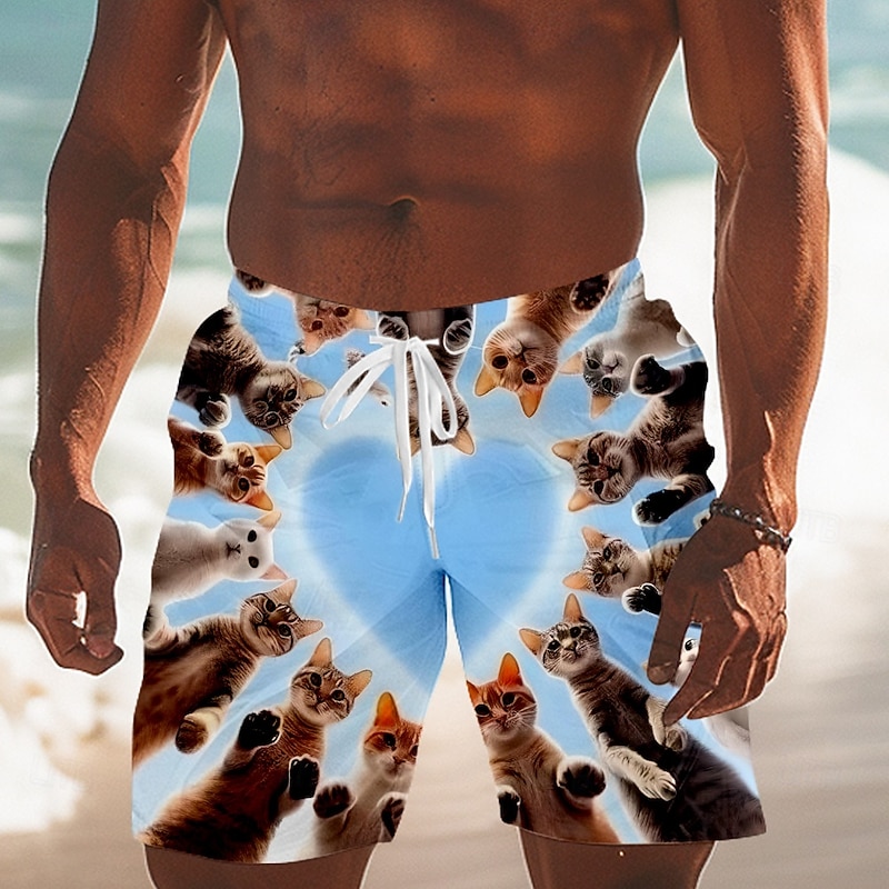 Men's Animal Cat Funny Swim Trunks Swim Shorts Board Shorts Mid Waist Streetwear Hawaiian Vacation Drawstring Mesh Lining Elastic Waist Designer Clothing Apparel