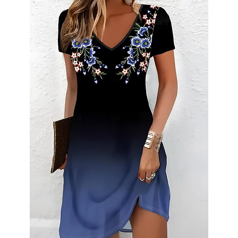 Women's Mini Dress A Line DressSundress Summer Dress Vacation Casual Vacation Daily Regular Fit Floral Graphic Short Sleeve Crew Neck Dark Blue Summer