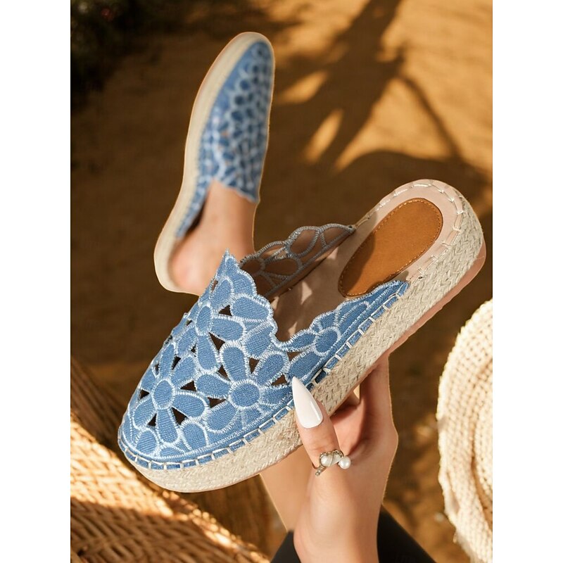 Women's Blue Lace Espadrille Mules – Floral Cutout Slip-On Platform Shoes for Summer, Casual Outings, and Beachwear