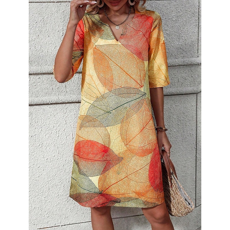 Women's Mini Dress Shift Dress Summer Dress Formal Daily Regular Fit Graphic Leaf 3/4 Length Sleeve V Neck Yellow Summer Spring