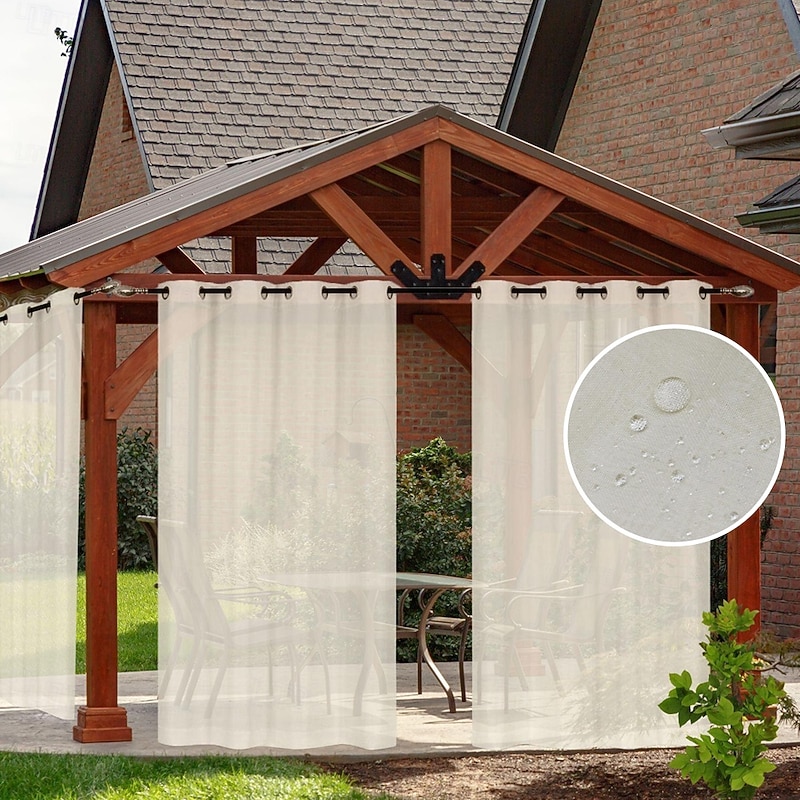 Outdoor Curtain for Patio, White Linen Look Semi-Sheer Curtains Waterproof Light Filtering Voile Outside Grommet Drapes for Pergola Balcony Pool Indoor
