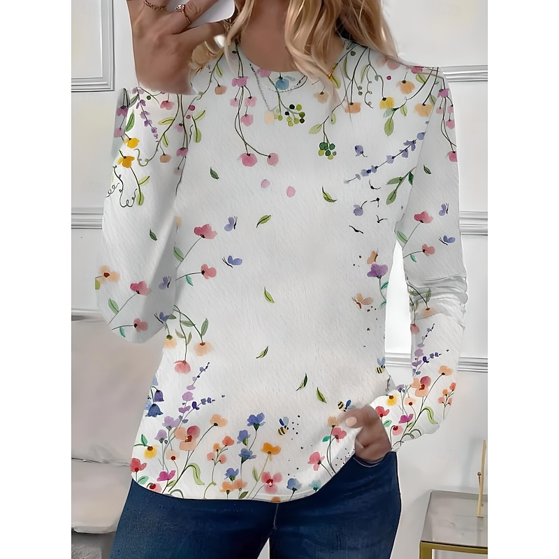 Women's T shirt Crew Neck Long Sleeve Tunic Ombre Floral Elegant Casual  Regular Tops Daily Going out Beach Wear Print White