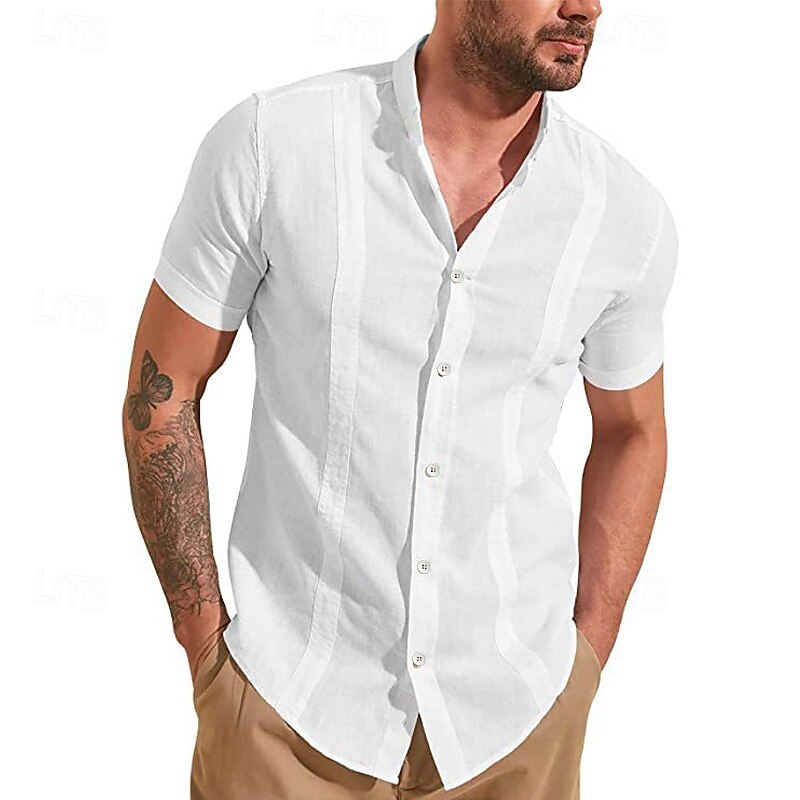 Men's Guayabera Shirt Summer Shirt Casual Shirt Button Up Shirt Black White Dark Navy Green Light Blue Short Sleeve Solid / Plain Color Lapel Vacation Hawaiian Clothing Apparel Polyester Fashion2