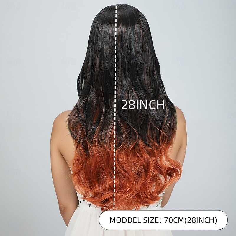 Synthetic Wig Wavy Curly Weave Layered Haircut With Bangs Machine Made Wig 28 inch A1 Synthetic Hair Women's Classic Color Gradient Highlighted / Balayage Hair Brown4