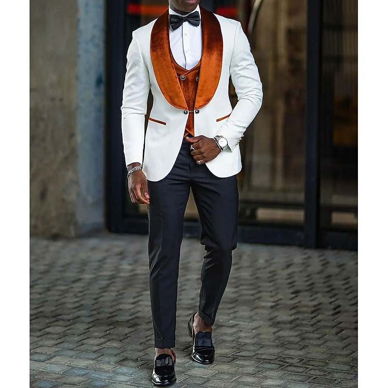 Men's Wedding Fall Wedding Suits Shawl Lapel Shawl Collar Dark Khaki Blue Daily Business Solid Colored Plus Size 3 Piece Single Breasted One-button