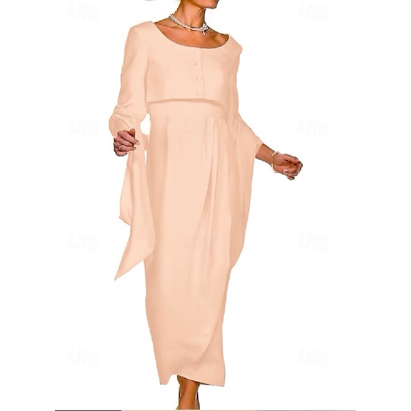 Two Piece Sheath Mother of the Bride Dress Wedding Guest Elegant Square Neck Ankle Length Stretch Fabric Sleeveless Short Jacket Dresses with Buttons Pleats Race Day Dress