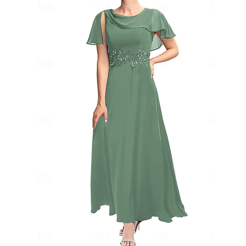 Dress Mother of the Bride Dress Elegant Simple Crew Neck Ankle Length Polyester Short Sleeve with Lace Solid Color2