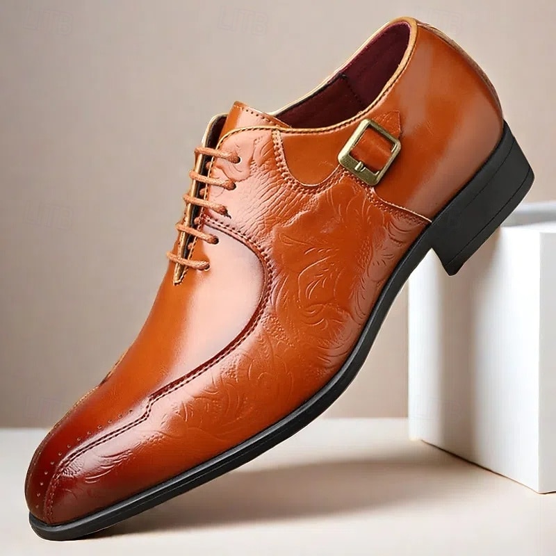 Luxury Men's Polished Tan Faux Leather Oxfords with Embossed Floral Pattern - Perfect for Formal Occasions and Business Meetings