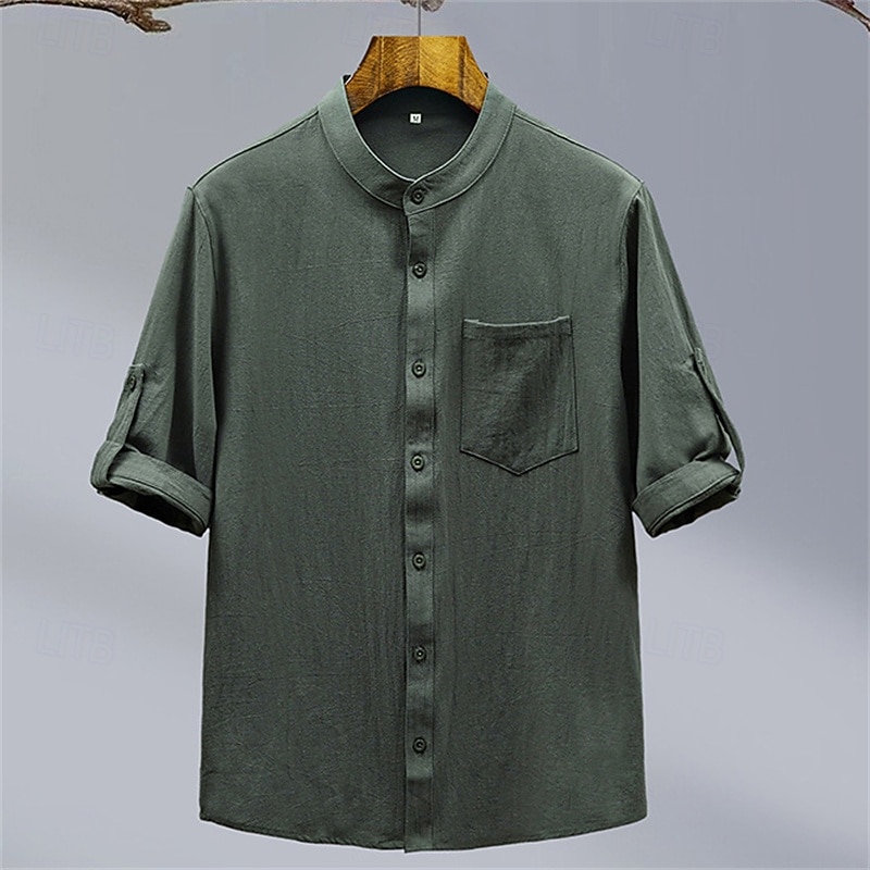 Men's Shirt Linen Shirt Casual Shirt Button Up Shirt Cotton Shirt Plain Vacation Street Black White Green Short Sleeve Grandad Collar Summer Clothing Apparel Front Pocket3