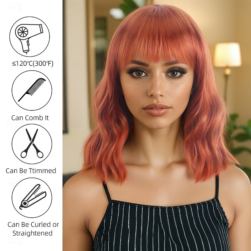 Synthetic Wig Wavy Curly Weave Asymmetrical Neat Bang Machine Made Wig 14 inch A1 Synthetic Hair Women's Classic Comfortable Color Gradient Orange3